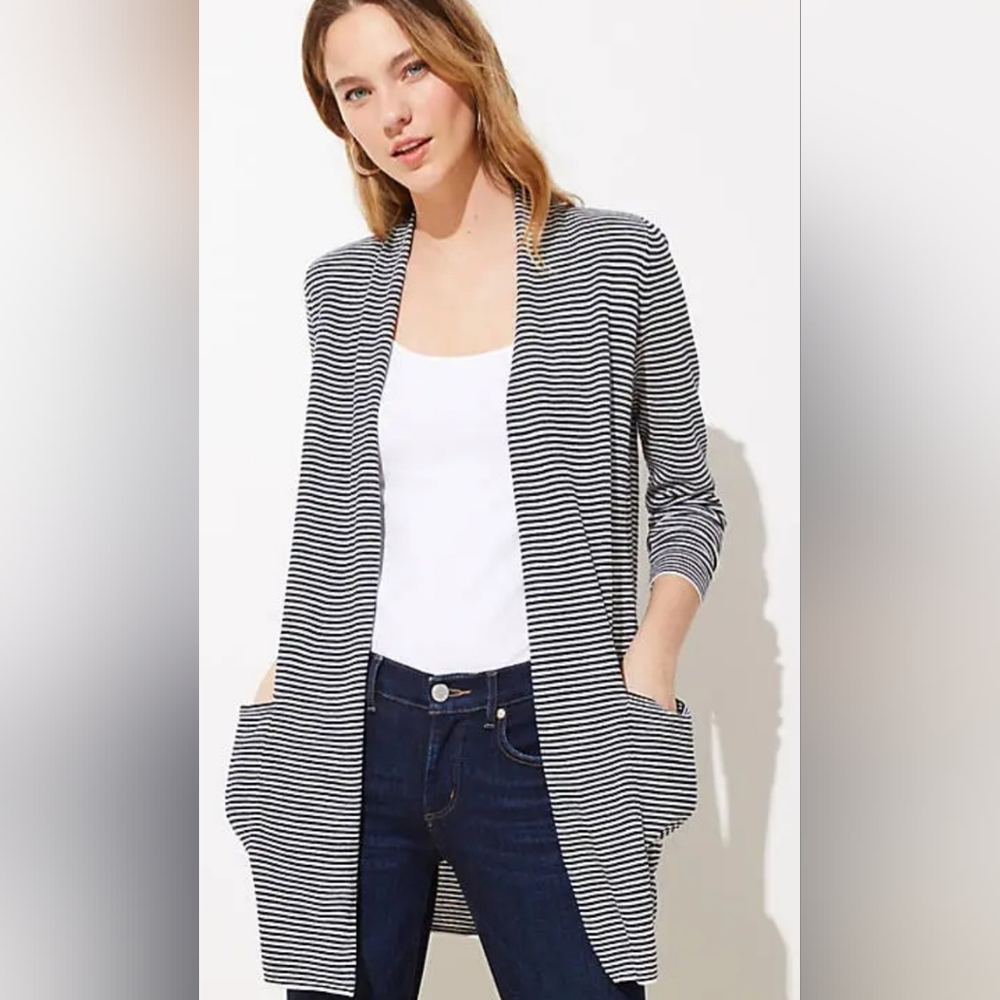New! LOFT Navy and White Striped Open Cardigan